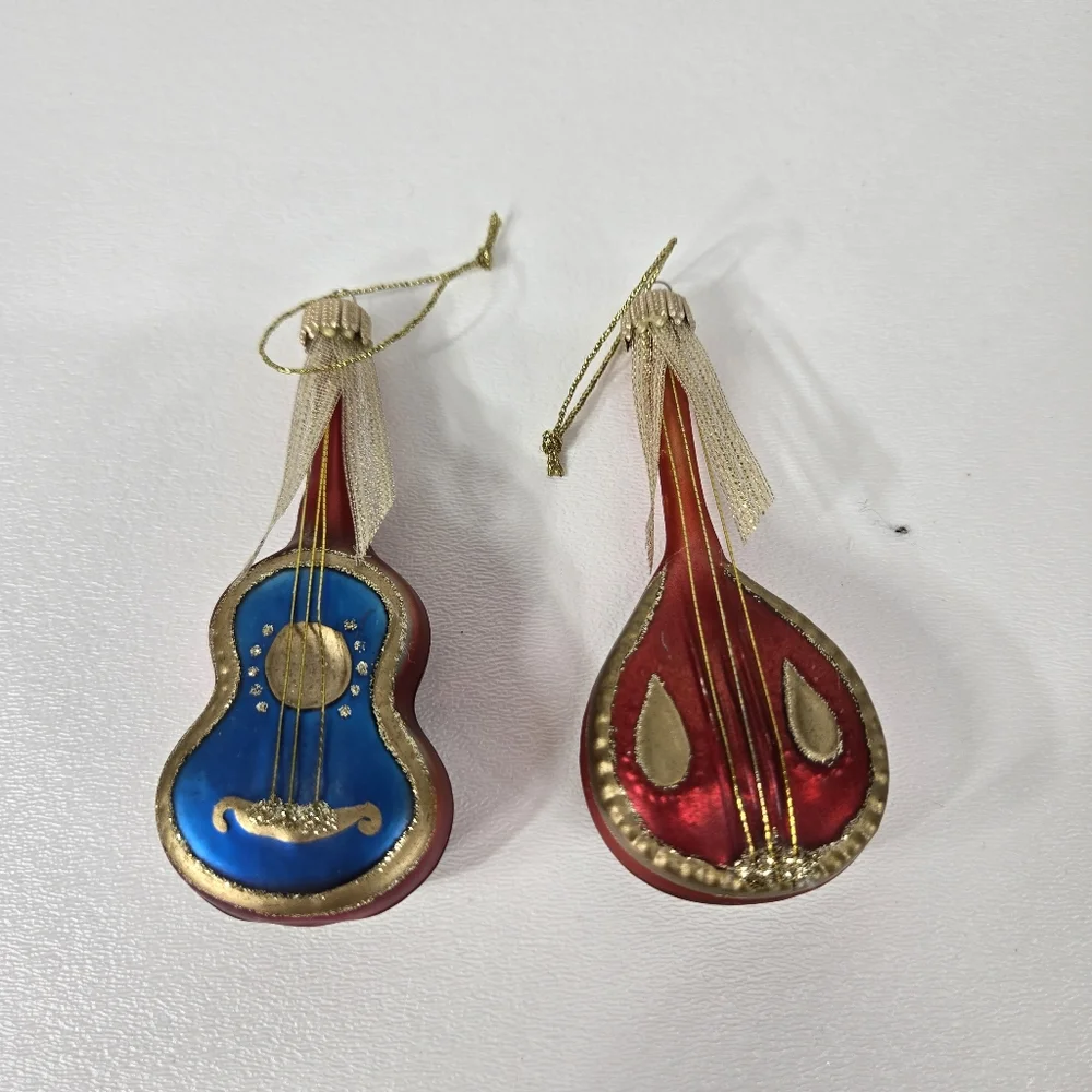 VTG Mercury Glass Hand Painted Mandolin Music Instruments Guitars ‎ Red Blue MCM